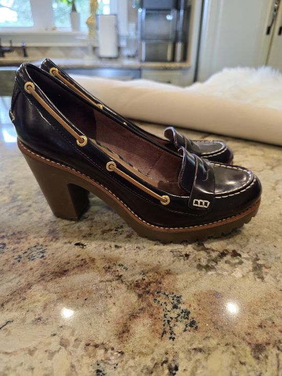 Sperry Dark Brown Leather Chunky-Heel Loafers with Gold Eyelets - Picture 2 of 5